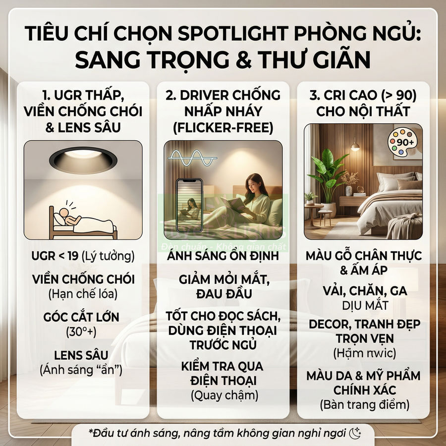 Tiêu chí chọn đèn spotlight phòng ngủ sang trọng thư giãn với ánh sáng ổn định và CRI cao