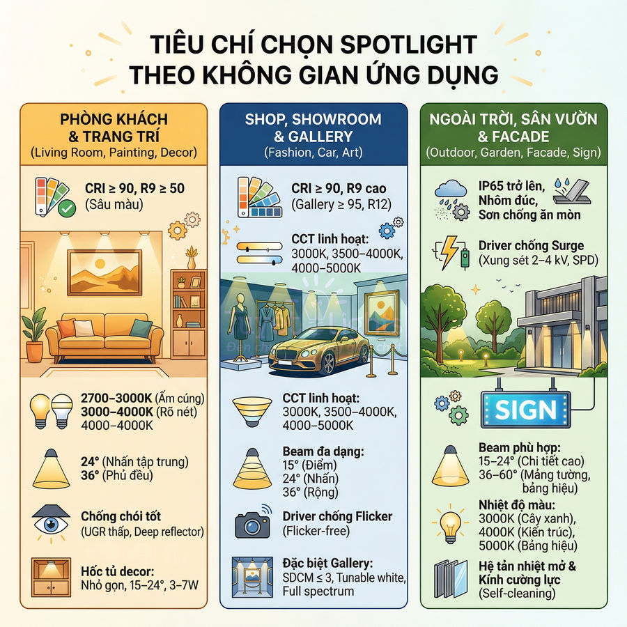 Infographic tiêu chí chọn đèn spotlight cho phòng khách, showroom, gallery và ngoài trời sân vườn facade