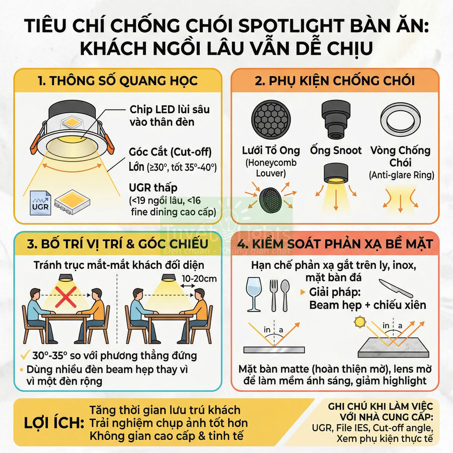 Infographic tiêu chí chống chói cho đèn spotlight bàn ăn, hướng dẫn bố trí và chọn phụ kiện chống chói