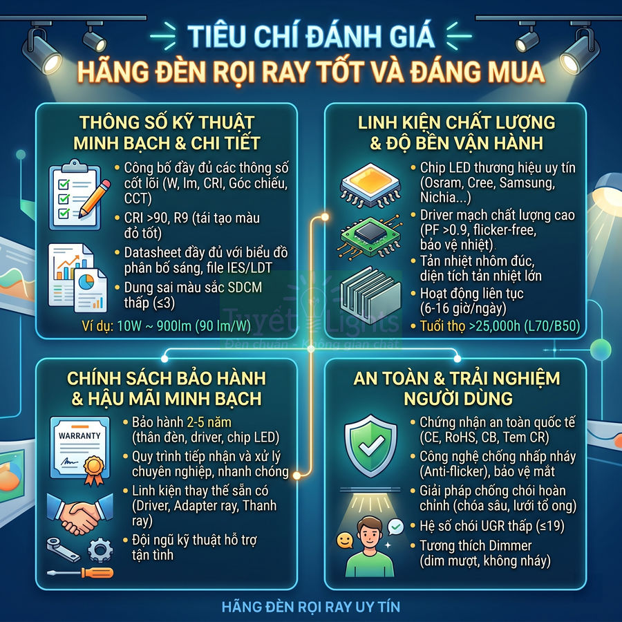 Tiêu chí chọn mua đèn rọi ray LED chất lượng, bền, an toàn và bảo hành minh bạch