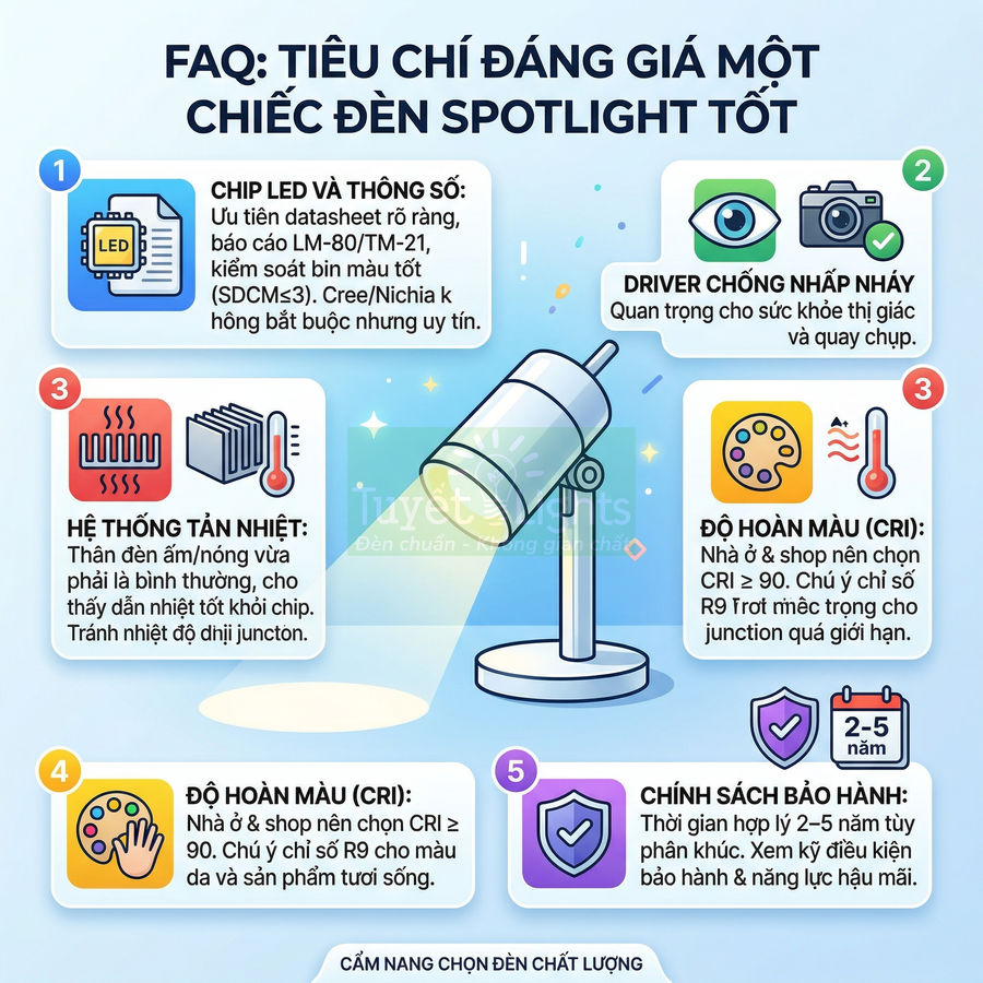 Infographic tiêu chí chọn đèn spotlight LED tốt về chip LED, tản nhiệt, độ hoàn màu, driver chống nhấp nháy và bảo hành