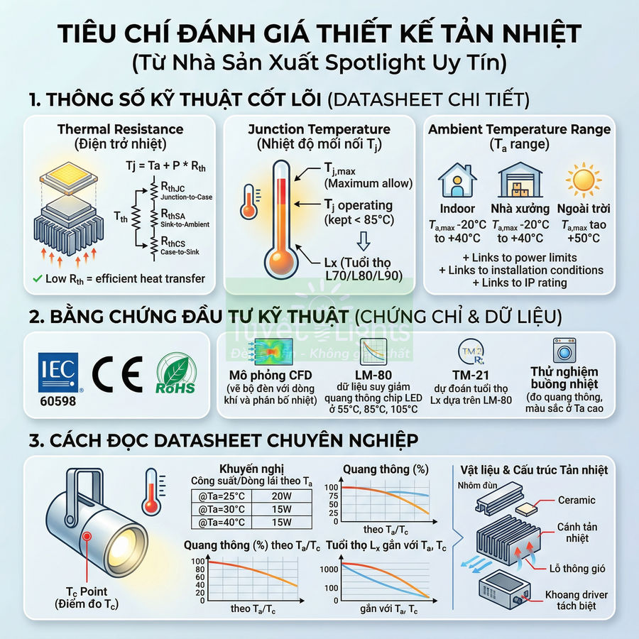 Infographic tiêu chí đánh giá thiết kế tản nhiệt cho đèn LED spotlight, thông số kỹ thuật và chứng chỉ kỹ thuật