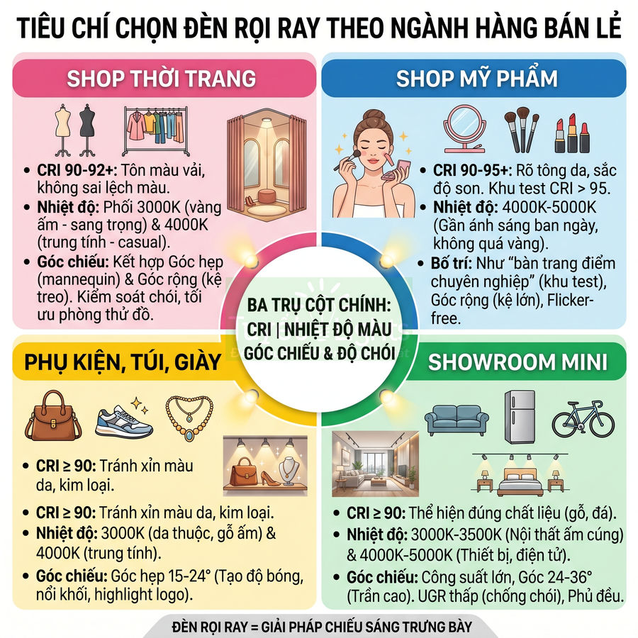 Infographic tiêu chí chọn đèn rọi ray cho shop thời trang, mỹ phẩm, phụ kiện túi giày và showroom mini