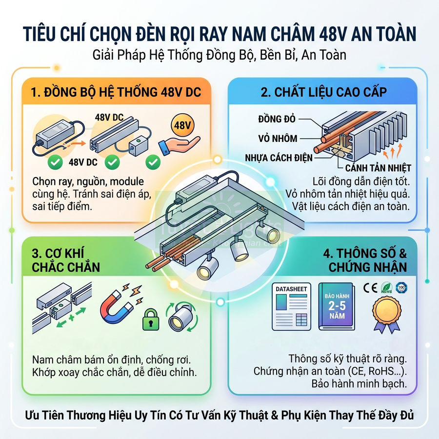 Tiêu chí chọn đèn rọi ray nam châm 48V an toàn với hệ thống 48V DC, vật liệu cao cấp và chứng nhận rõ ràng