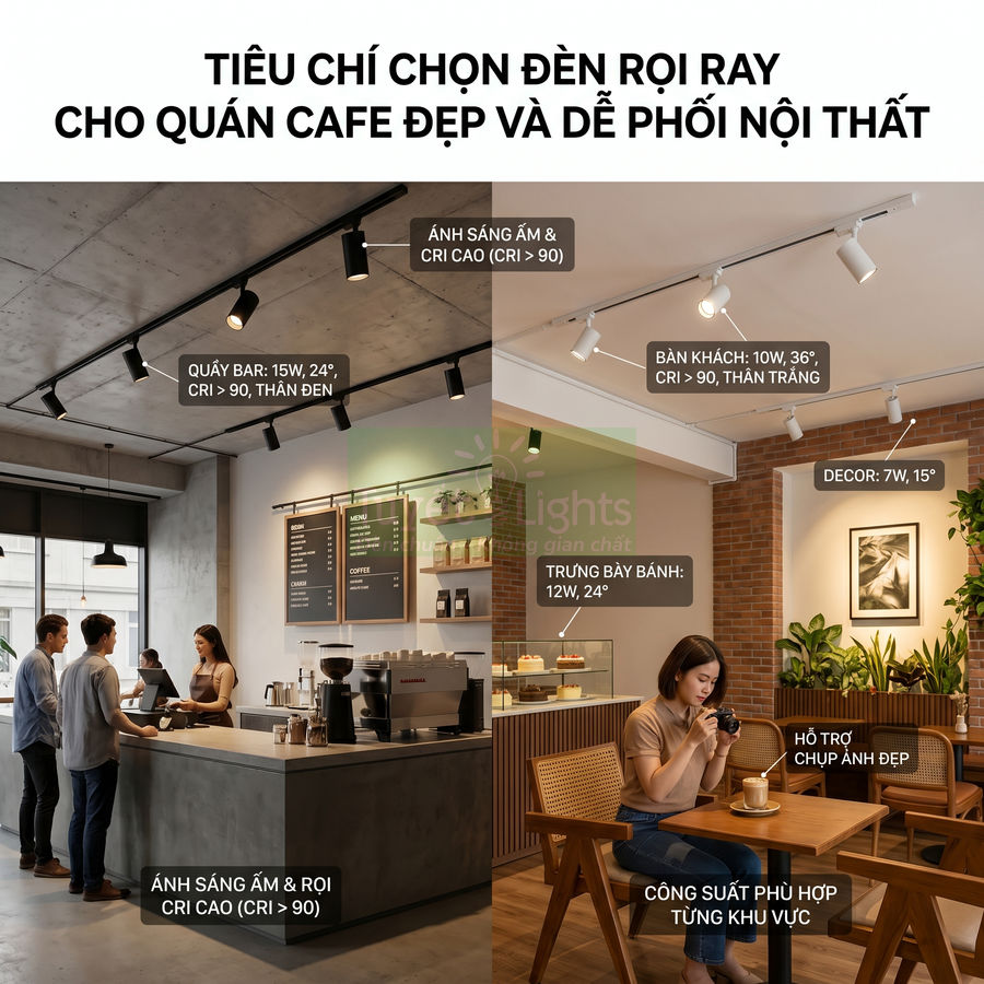 Đèn rọi ray chiếu sáng quán cafe hiện đại với ánh sáng ấm, CRI cao cho quầy bar và bàn khách