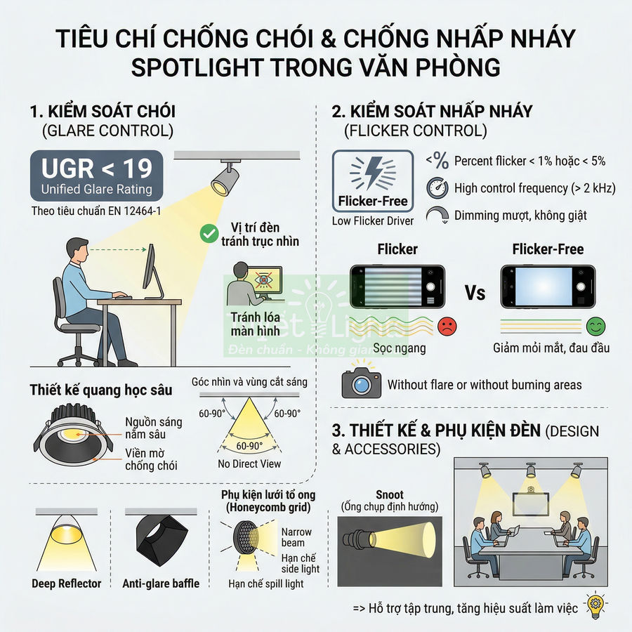 Infographic tiêu chí chống chói và chống nhấp nháy cho đèn spotlight văn phòng, hướng dẫn thiết kế và phụ kiện đèn