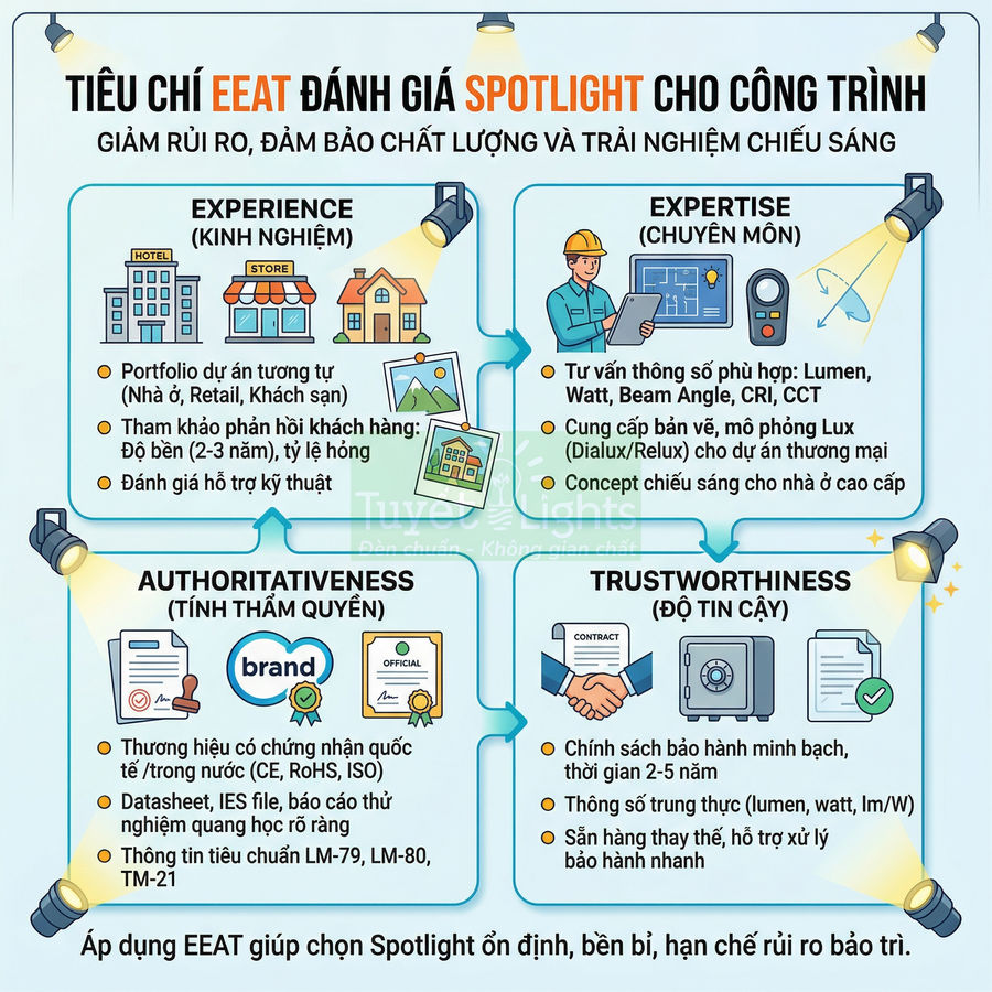 Infographic tiêu chí EEAT đánh giá và lựa chọn đèn spotlight cho công trình chiếu sáng chất lượng