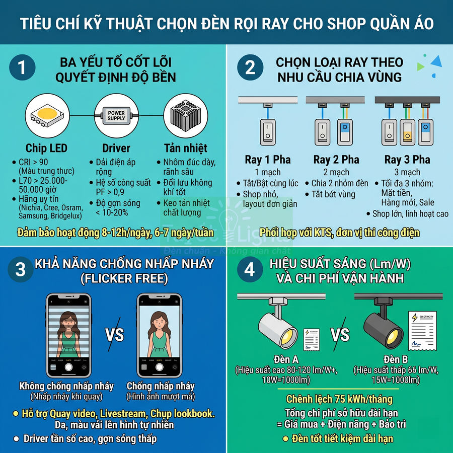 Infographic tiêu chí kỹ thuật chọn đèn rọi ray LED cho shop quần áo, so sánh loại ray và hiệu suất sáng