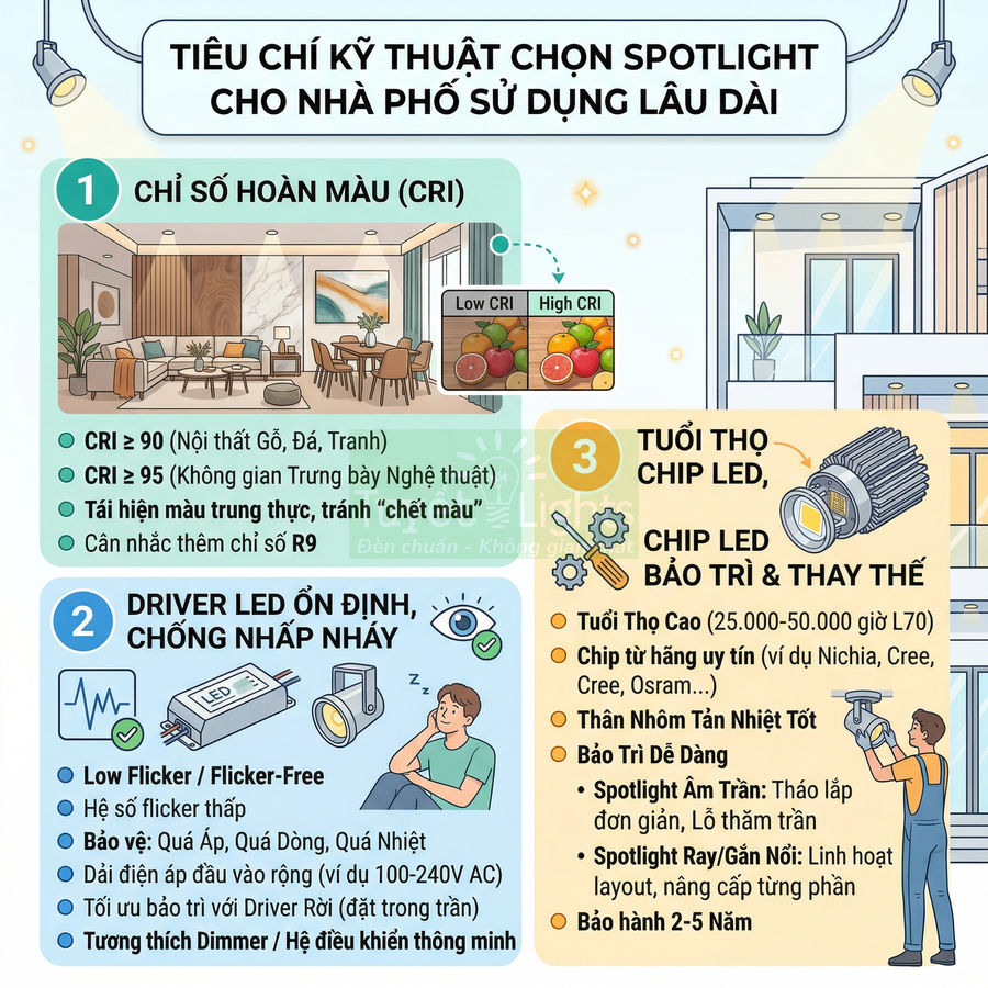 Infographic tiêu chí kỹ thuật chọn đèn spotlight LED cho nhà phố sử dụng lâu dài