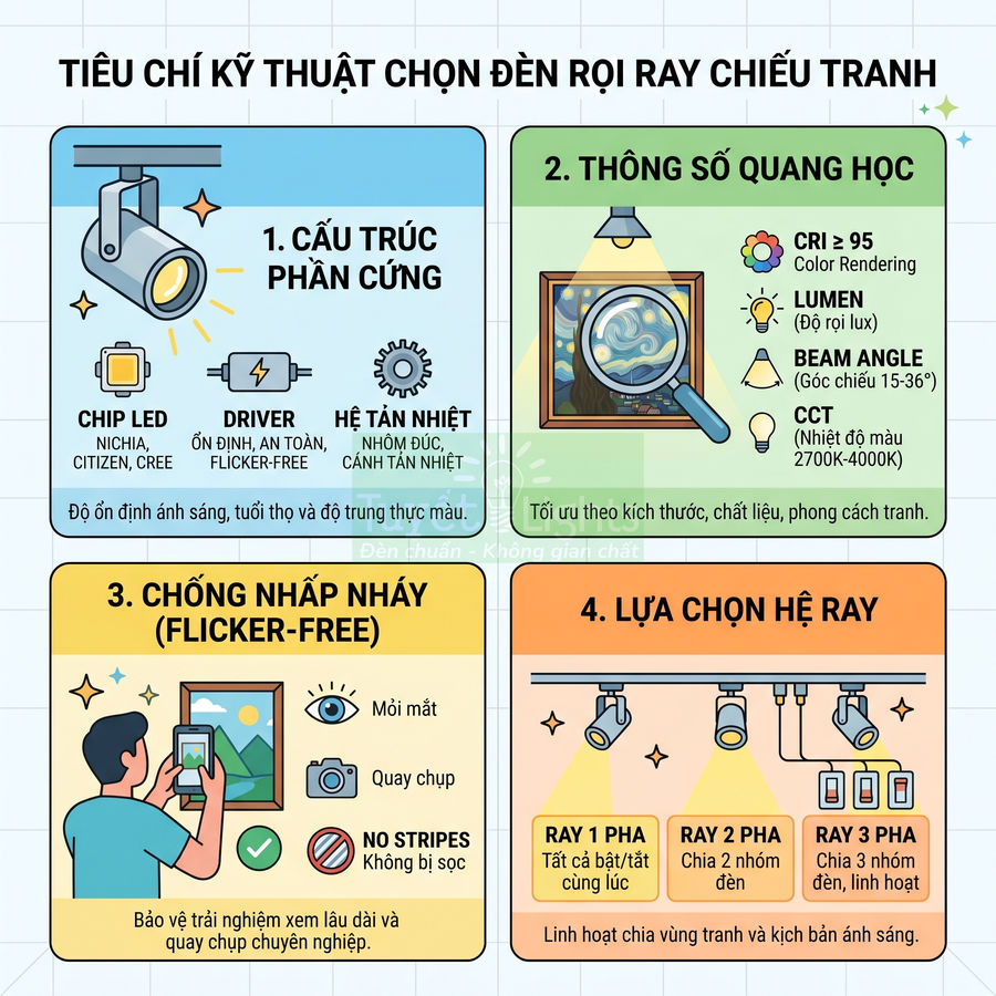 Infographic tiêu chí kỹ thuật chọn đèn rọi ray chiếu tranh chống nhấp nháy và tối ưu ánh sáng trưng bày