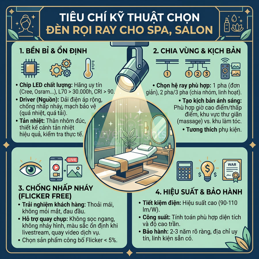 Infographic tiêu chí kỹ thuật chọn đèn rọi ray LED cho spa salon với giường massage và nội thất thư giãn