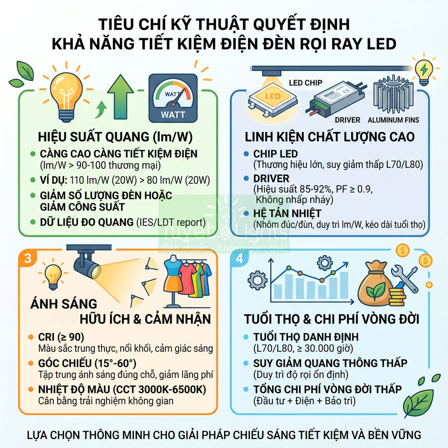 Tiêu chí kỹ thuật đánh giá khả năng tiết kiệm điện và độ bền của đèn rọi ray LED