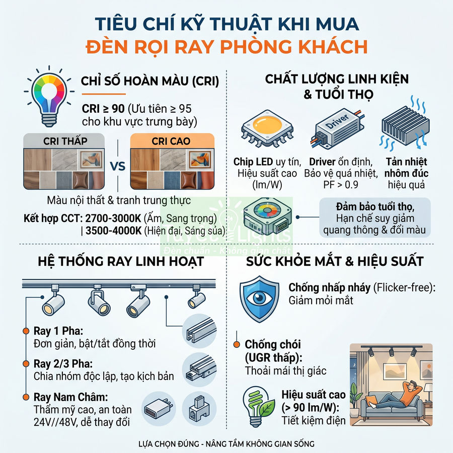 Infographic tiêu chí kỹ thuật chọn đèn rọi ray phòng khách, nhấn mạnh CRI cao, chip LED bền, hệ ray linh hoạt và chống nhấp nháy