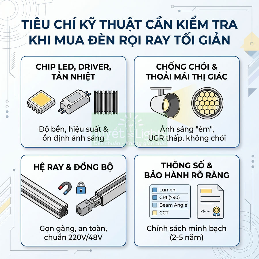 Tiêu chí kỹ thuật cần kiểm tra khi mua đèn rọi ray tối giản, nhấn mạnh chip LED, chống chói, hệ ray và bảo hành