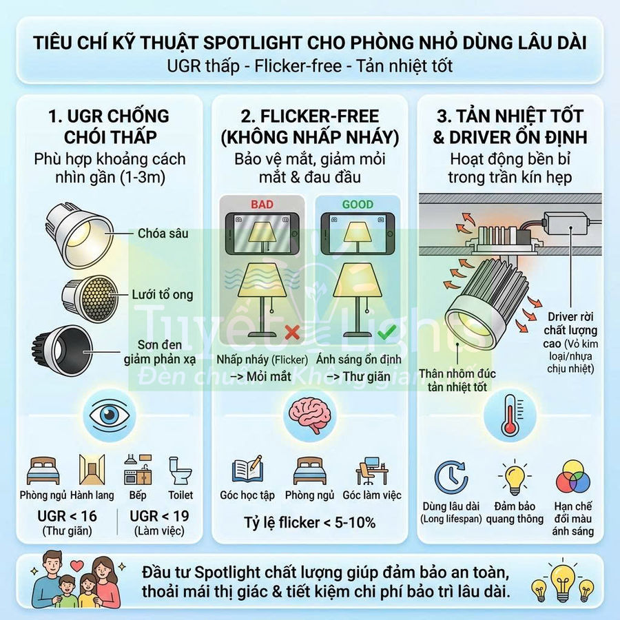 Infographic tiêu chí chọn đèn spotlight LED cho phòng nhỏ dùng lâu dài, chống chói, không nhấp nháy, tản nhiệt tốt