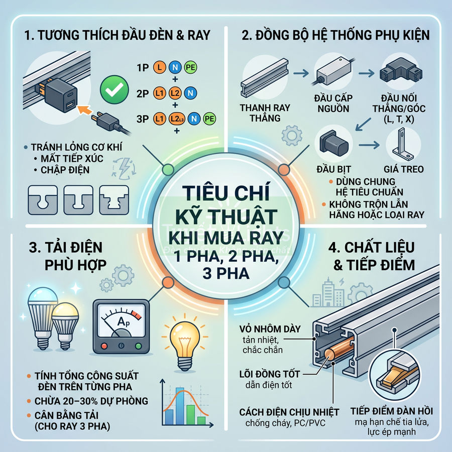 Infographic tiêu chí kỹ thuật khi mua ray đèn 1 pha 2 pha 3 pha và phụ kiện thanh ray nhôm dẫn điện