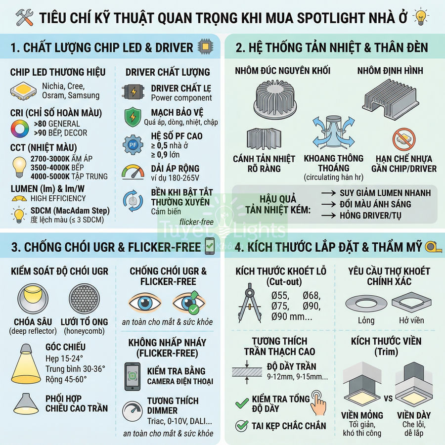 Infographic tiêu chí kỹ thuật quan trọng khi mua đèn spotlight nhà ở, tập trung vào chip LED, driver và hệ thống tản nhiệt
