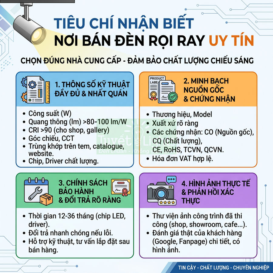 Tiêu chí nhận biết nơi bán đèn rọi ray uy tín với thông số kỹ thuật, bảo hành và chứng nhận rõ ràng