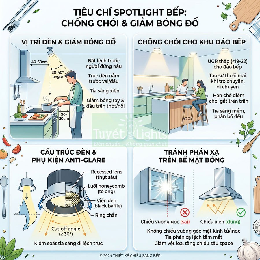 Infographic tiêu chí chọn đèn spotlight bếp chống chói, giảm bóng đổ và tránh phản xạ trên bề mặt bóng