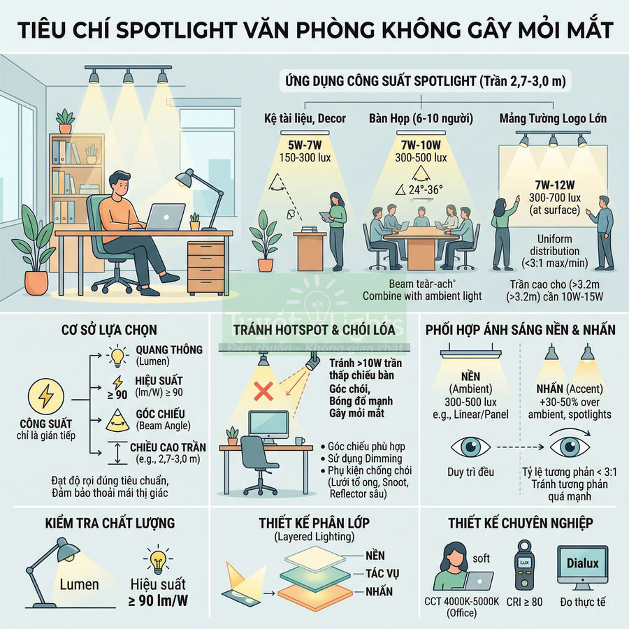 Infographic tiêu chí chọn đèn spotlight văn phòng chống mỏi mắt với các mức công suất và cách bố trí chiếu sáng