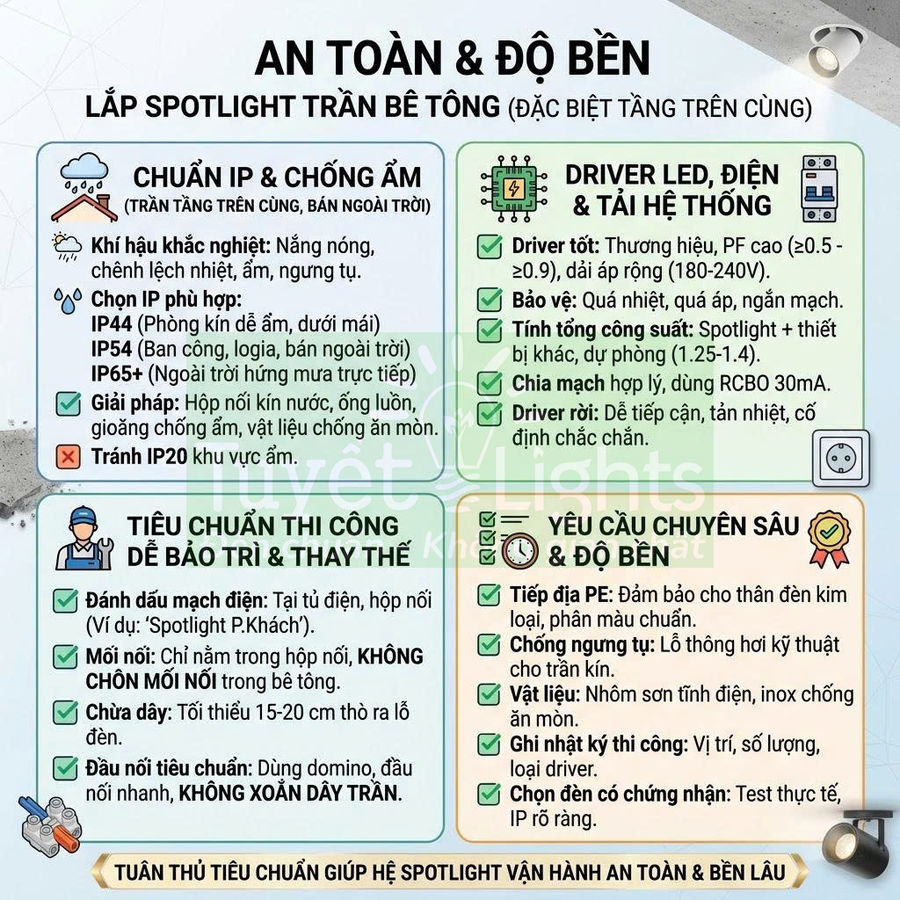Hướng dẫn lắp đặt và tiêu chuẩn an toàn điện cho đèn spotlight âm trần bê tông chống thấm, chống ẩm