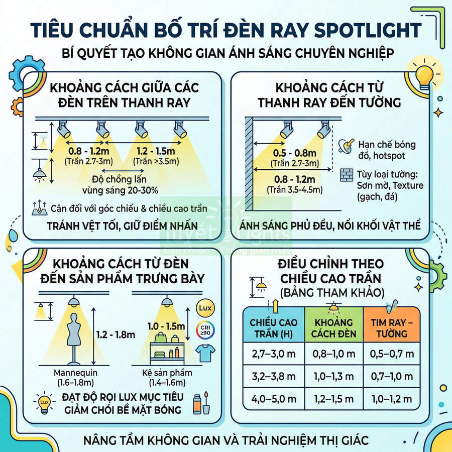 Hướng dẫn tiêu chuẩn bố trí đèn ray spotlight chiếu sáng sản phẩm trưng bày trong cửa hàng