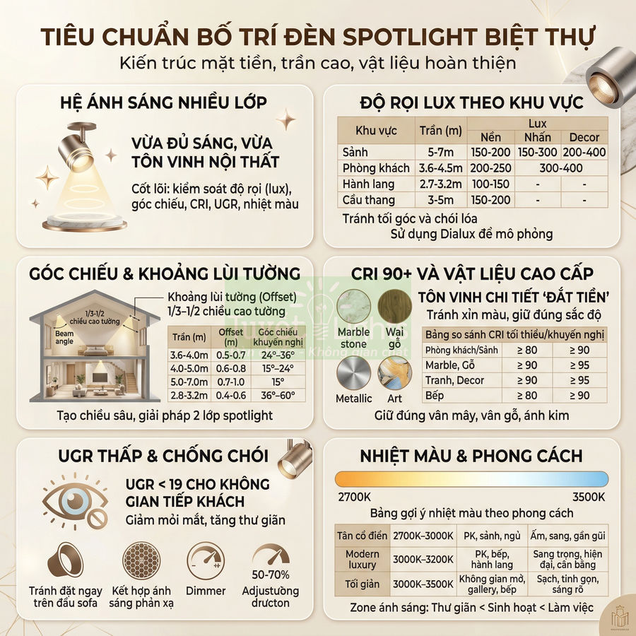 Tiêu chuẩn bố trí đèn spotlight biệt thự với hướng dẫn độ rọi lux, góc chiếu, CRI và nhiệt màu cho từng không gian