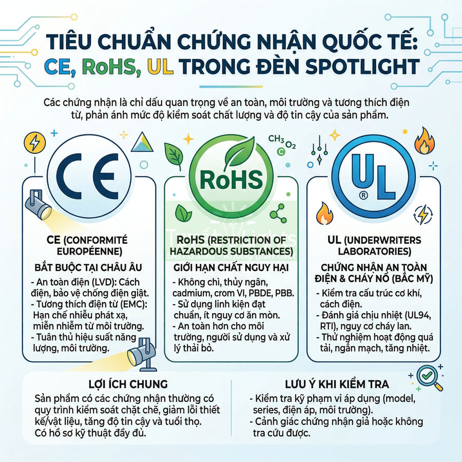 Tiêu chuẩn chứng nhận quốc tế CE RoHS UL cho đèn spotlight và lợi ích an toàn chất lượng sản phẩm