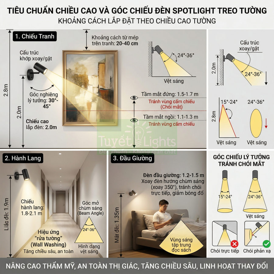 Hướng dẫn lắp đặt đèn spotlight treo tường Tuyết Lights chiếu tranh, hành lang và đầu giường tránh chói mắt