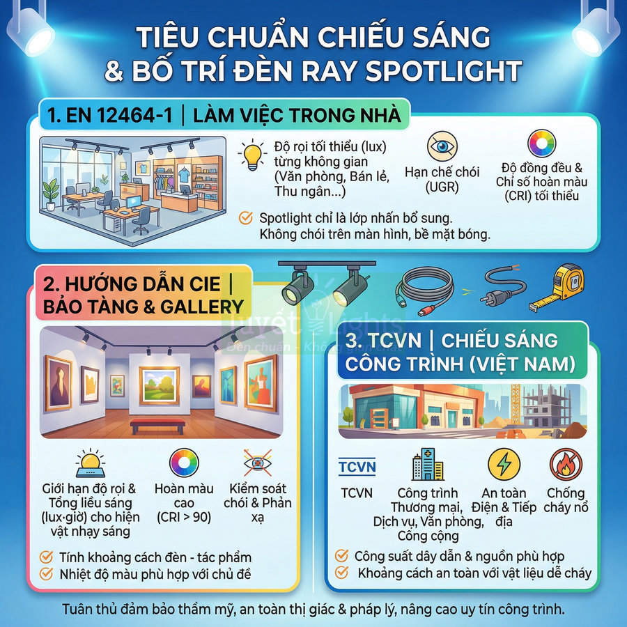 Tiêu chuẩn chiếu sáng và bố trí đèn ray spotlight cho văn phòng, bảo tàng, gallery và công trình xây dựng