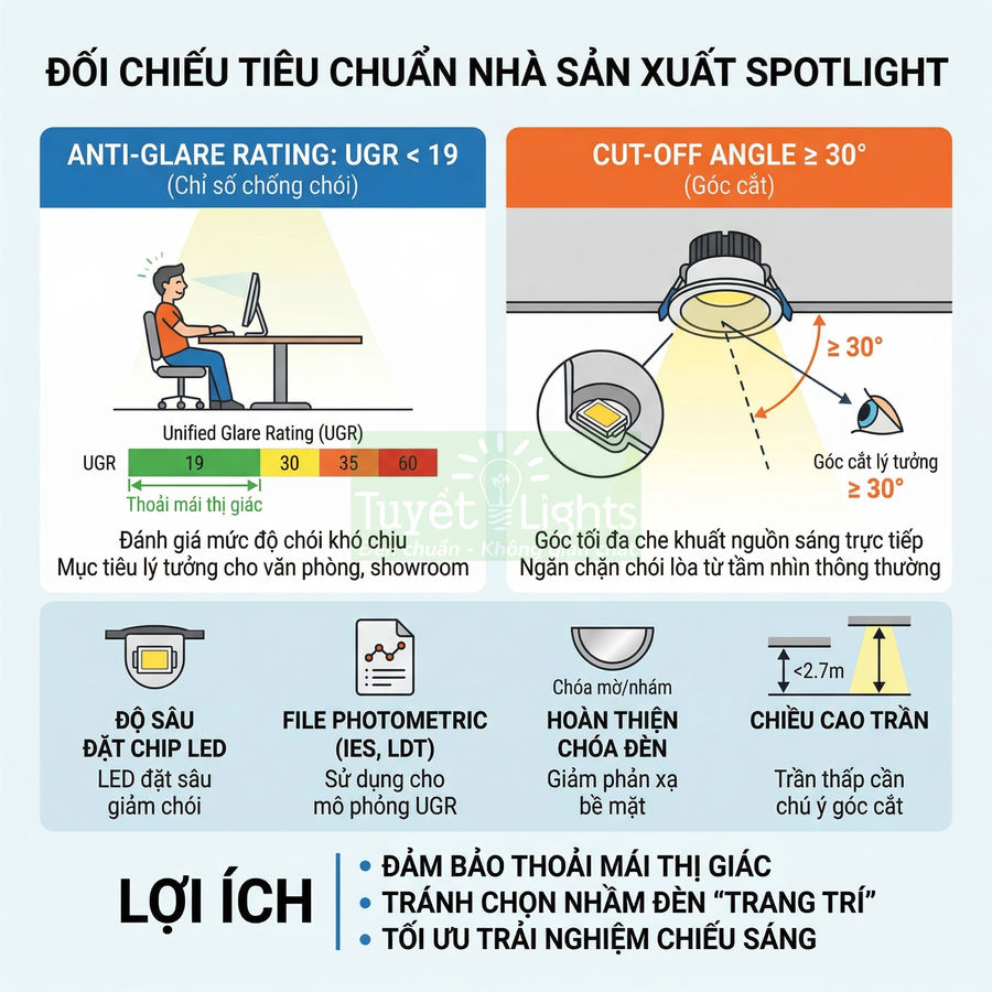 Infographic tiêu chuẩn chiếu sáng spotlight chống chói UGR nhỏ, góc cắt lớn, tối ưu trải nghiệm ánh sáng phòng làm việc