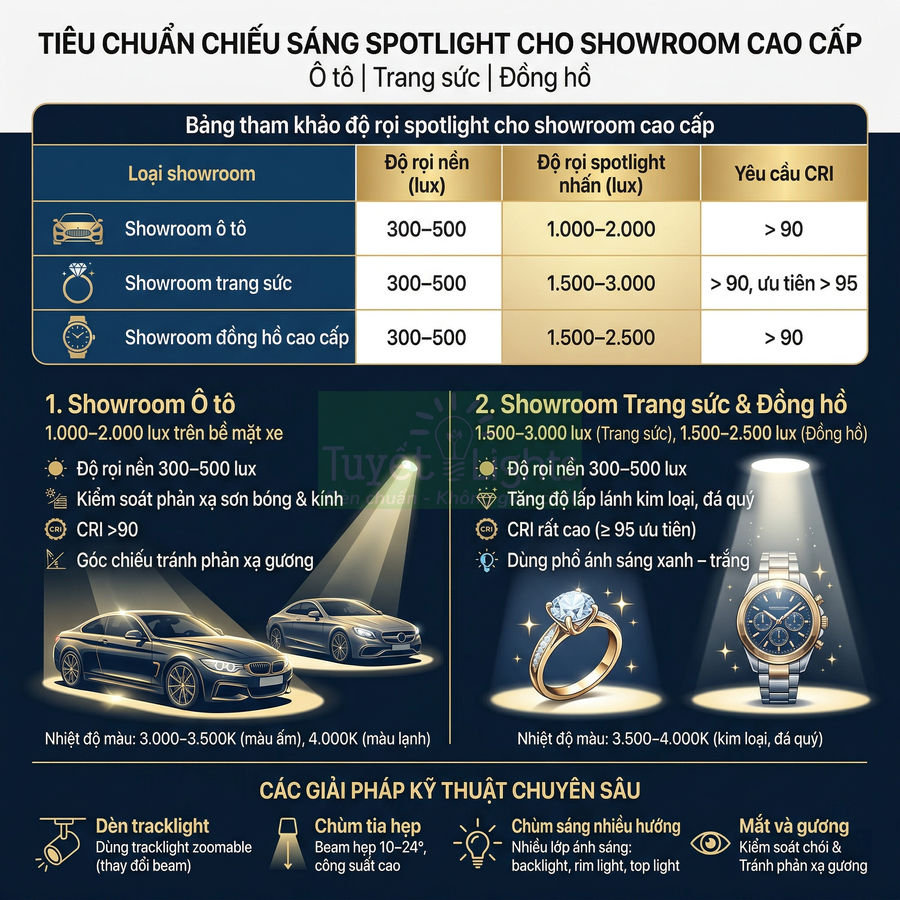 Tiêu chuẩn chiếu sáng spotlight cho showroom ô tô, trang sức và đồng hồ cao cấp với bảng thông số lux và CRI