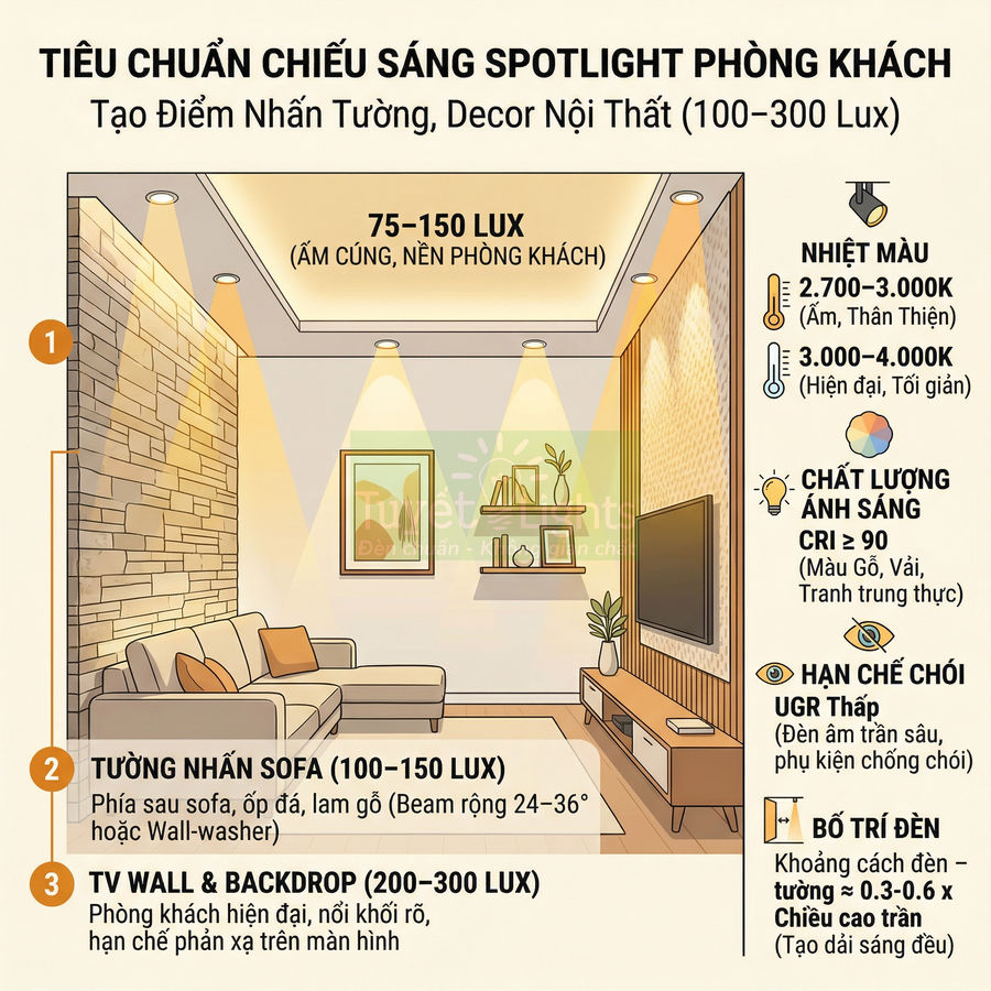 Tiêu chuẩn chiếu sáng spotlight phòng khách với đèn âm trần, tường nhấn sofa và kệ tivi hiện đại