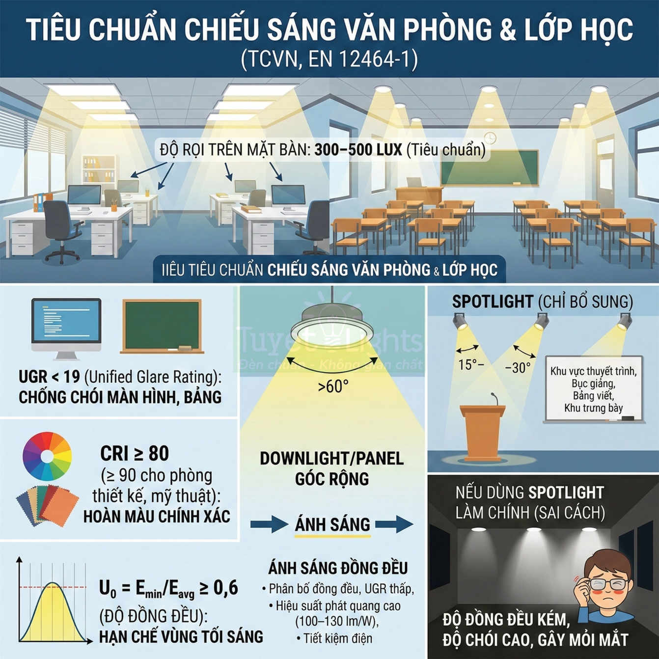 Tiêu chuẩn chiếu sáng văn phòng và lớp học với đèn LED downlight, panel và spotlight, độ rọi 300–500 lux