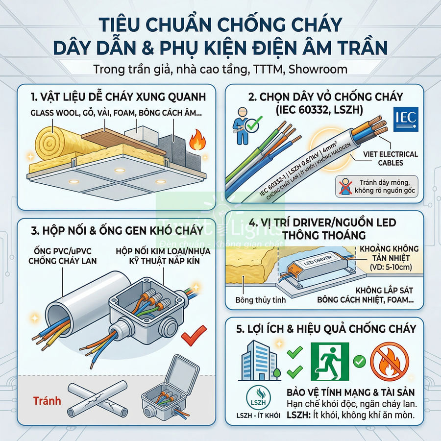 Infographic tiêu chuẩn chống cháy cho dây dẫn và phụ kiện điện âm trần trong trần giả, nhà cao tầng, trung tâm thương mại