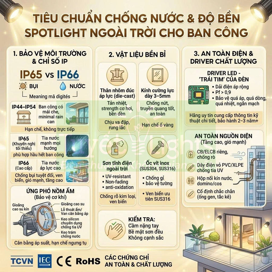 Tiêu chuẩn chống nước và độ bền spotlight ngoài trời cho ban công, hướng dẫn chọn đèn LED an toàn chất lượng