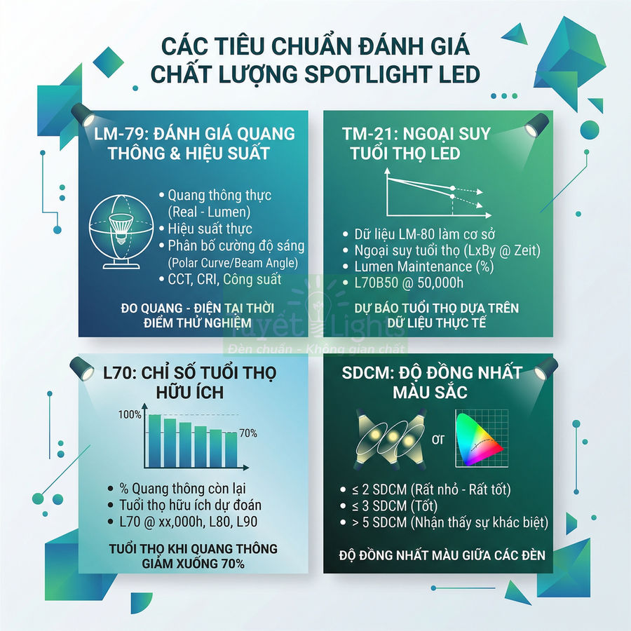 Các tiêu chuẩn đánh giá chất lượng đèn spotlight LED về quang thông, tuổi thọ và độ đồng nhất màu sắc