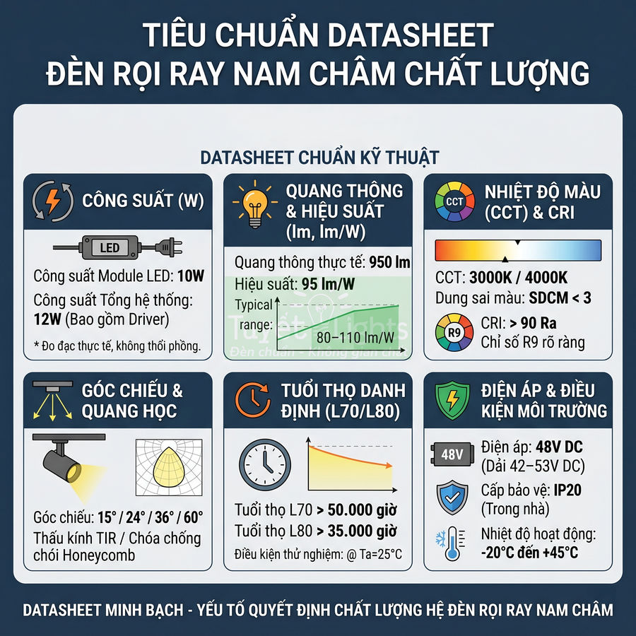 Datasheet tiêu chuẩn kỹ thuật đèn rọi ray nam châm LED công suất 10W quang thông 950 lm CRI cao