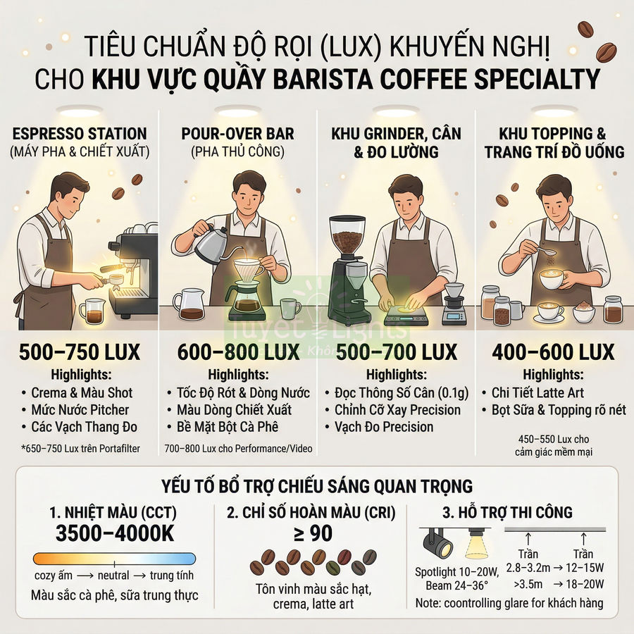 Infographic tiêu chuẩn độ rọi lux cho khu vực quầy barista coffee specialty và các khu vực pha chế cà phê