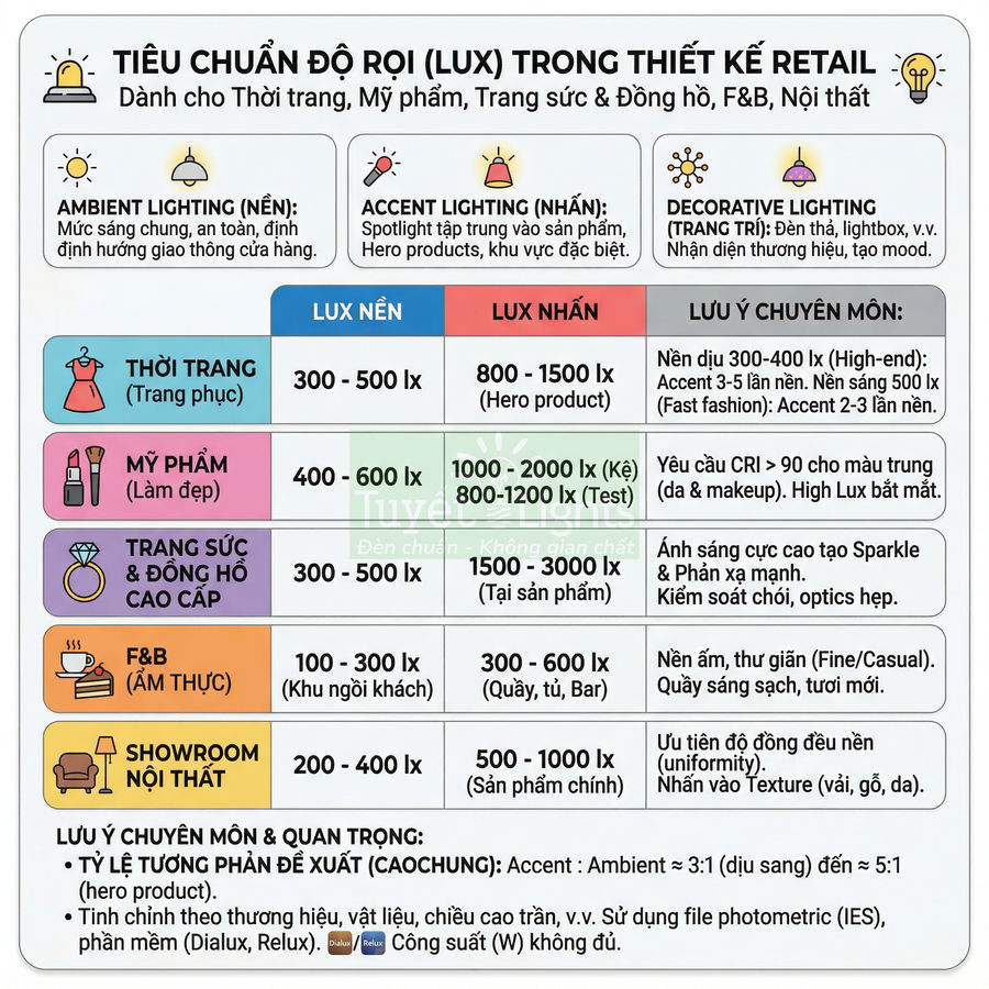 Bảng tiêu chuẩn độ rọi lux trong thiết kế chiếu sáng retail cho thời trang mỹ phẩm trang sức F&B nội thất