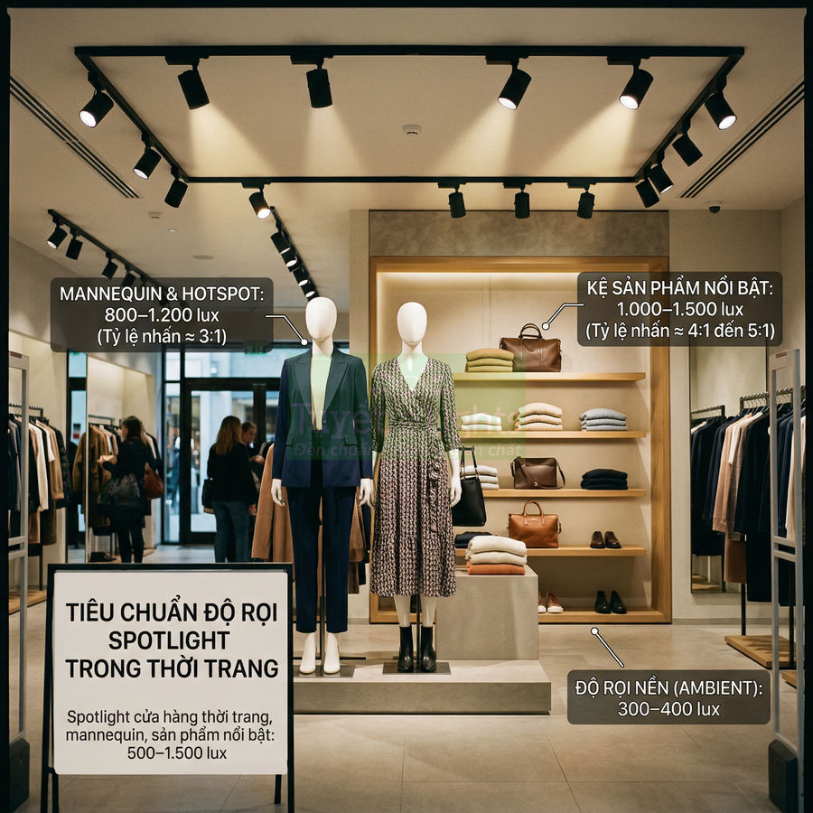 Đèn spotlight chiếu sáng mannequin và kệ trưng bày quần áo túi xách trong cửa hàng thời trang