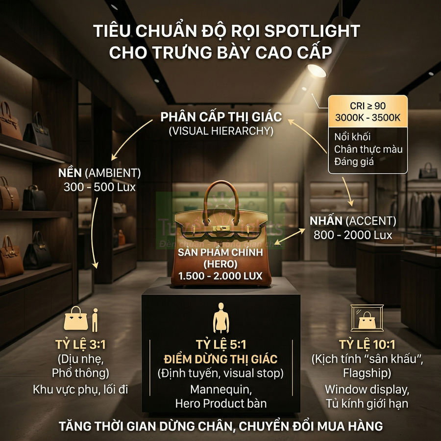 Túi xách da cao cấp trưng bày trên bục trong cửa hàng sang trọng với hệ thống đèn spotlight chiếu nổi bật