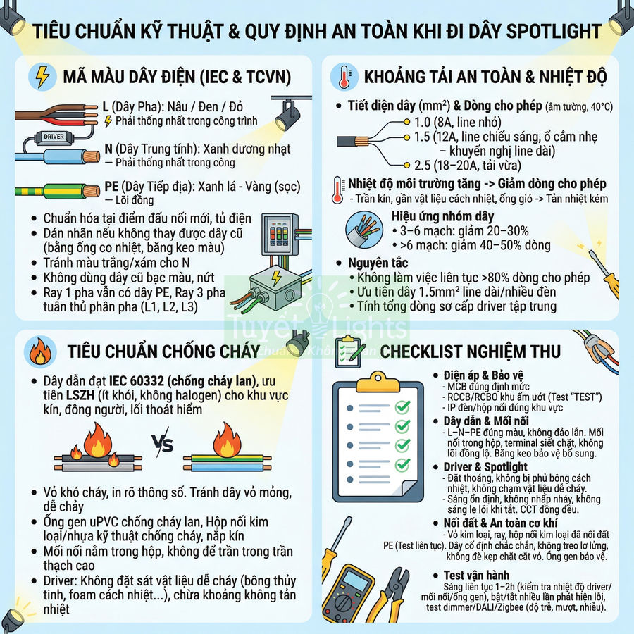 Infographic tiêu chuẩn kỹ thuật và an toàn khi đi dây điện spotlight, hướng dẫn mã màu dây, chống cháy và checklist nghiệm thu
