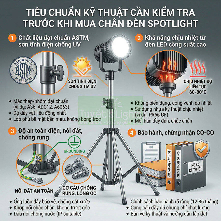 Chân đèn spotlight kim loại điều chỉnh chiều cao kèm đèn LED công suất cao và phụ kiện an toàn, chống rung
