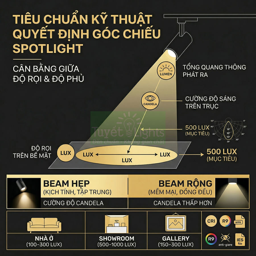 Minh họa kỹ thuật góc chiếu và độ rọi của đèn spotlight Tuyết Lights cho nhà ở showroom gallery