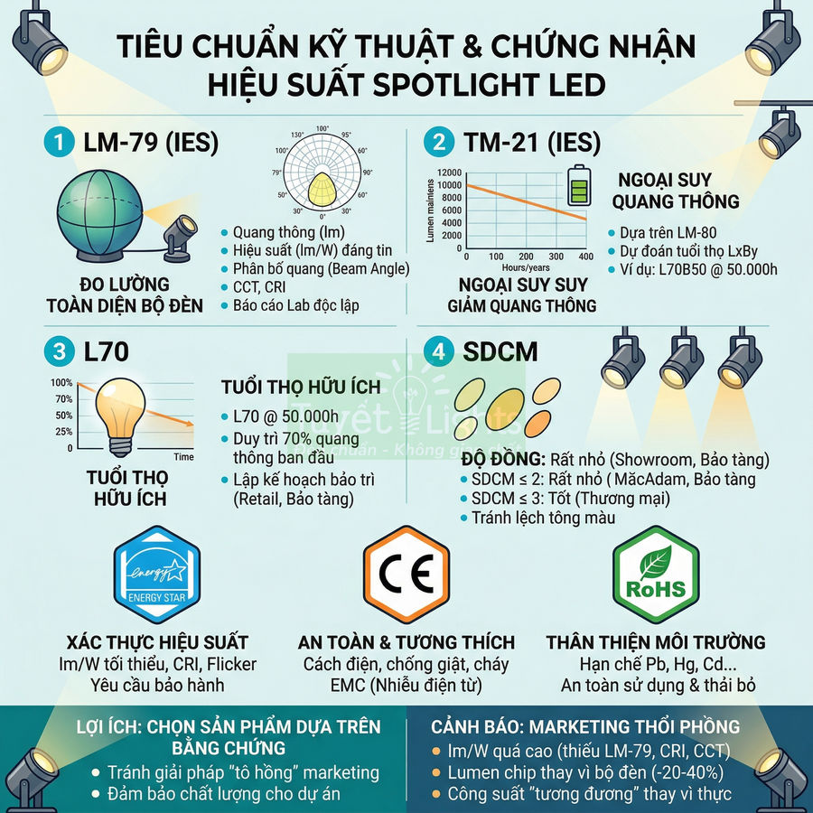 Infographic tiêu chuẩn kỹ thuật và chứng nhận hiệu suất đèn spotlight LED, tuổi thọ, độ suy giảm quang thông