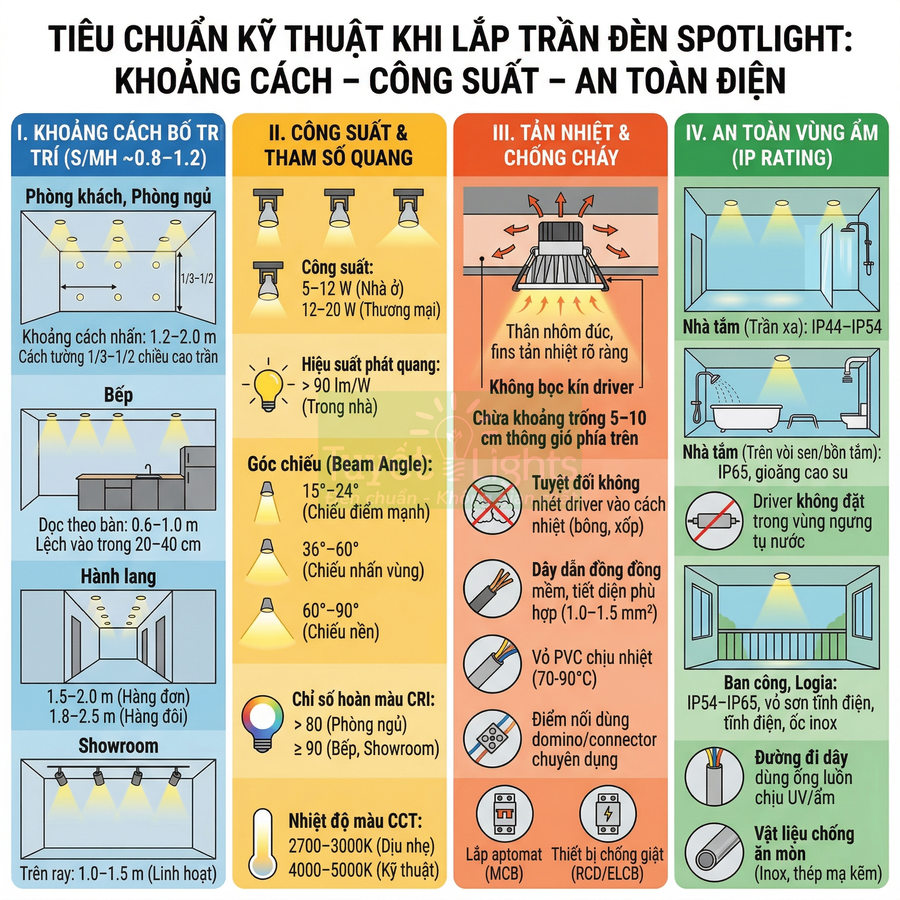 Tiêu chuẩn kỹ thuật lắp đặt trần đèn spotlight về khoảng cách, công suất và an toàn điện trong nhà