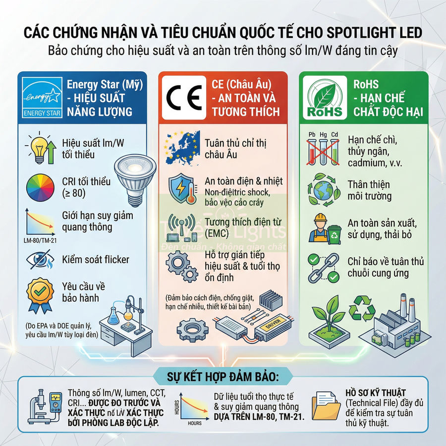Infographic các chứng nhận quốc tế Energy Star, CE, RoHS cho đèn spotlight LED và lợi ích về hiệu suất, an toàn, môi trường