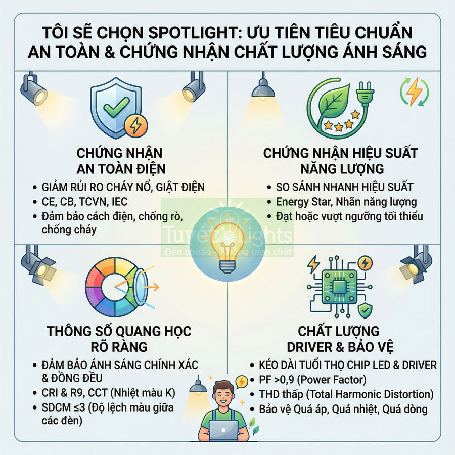 Tiêu chí chọn đèn spotlight an toàn, hiệu suất cao, thông số quang học rõ ràng và driver bền bỉ