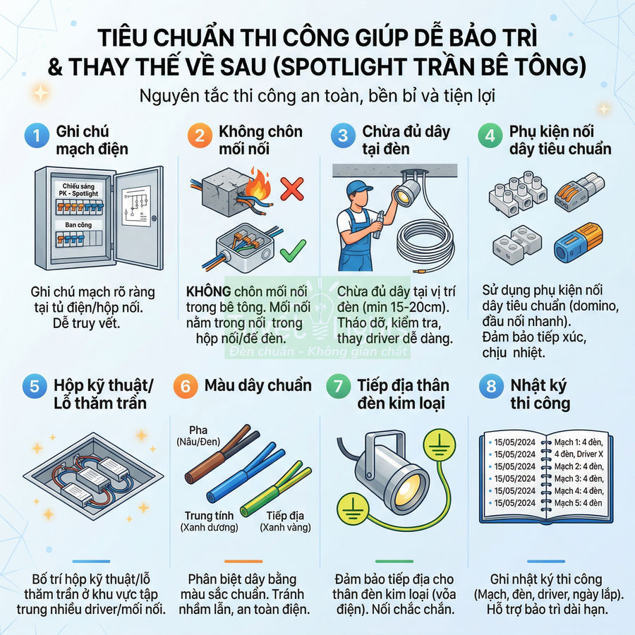 Tiêu chuẩn thi công spotlight trần bê tông với sơ đồ đấu nối điện và phụ kiện an toàn